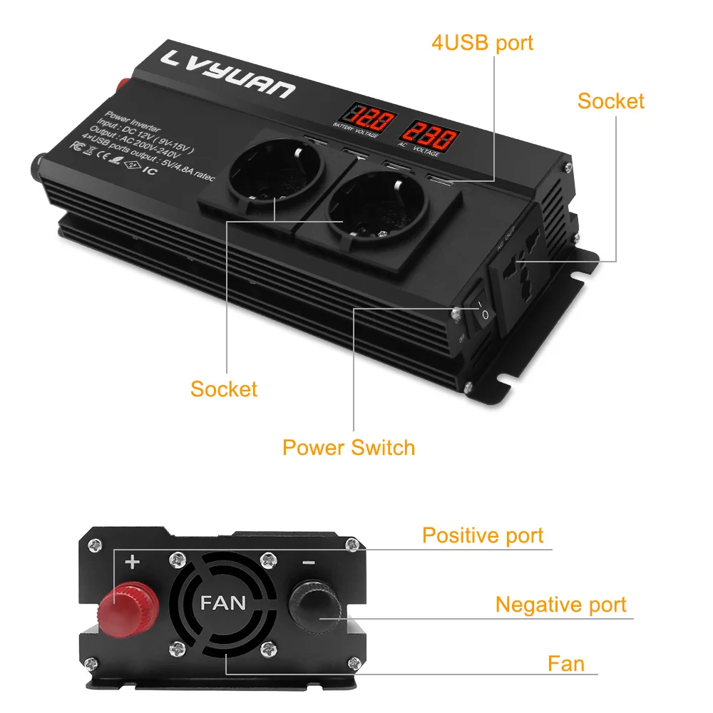 DC 12V To AC 230V 50Hz 4000W/5000W/6000W Peak LED Display Converter Transformer With 4.8A 4USB 3AC EU Socket Car Power Inverter