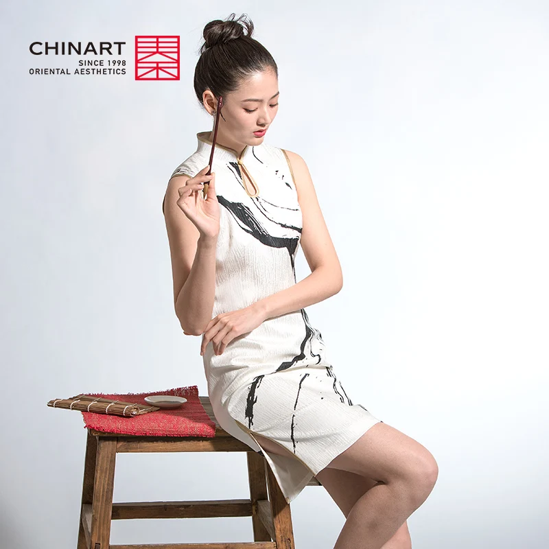 

The new spring and summer CHINART Qin Yi 21 calligraphy pen rhyme cheongsam silk party dress