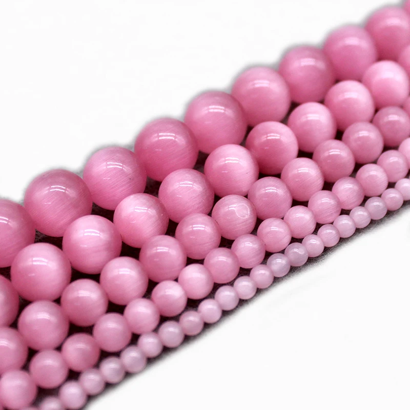 AAA+ Pink Cat Eye Beads Hight Quality Smooth Round Loose Beads For Jewelry Making Opal Stone DIY Bracelet 15inch 4 6 8 10 12mm