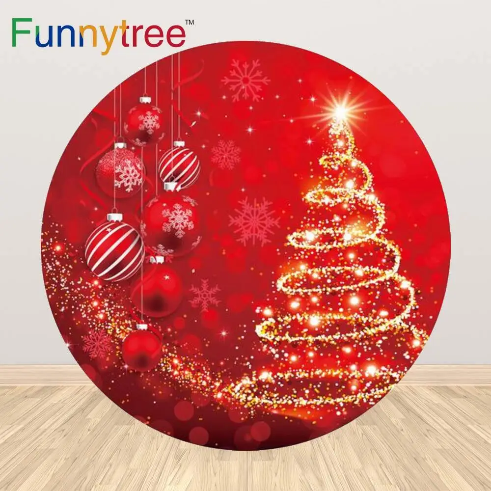 Funnytree Christmas Party Circle Background Round Red Bokeh Glitter Gold Tree Winter Snowflake New Year 2022 Photophone Backdrop