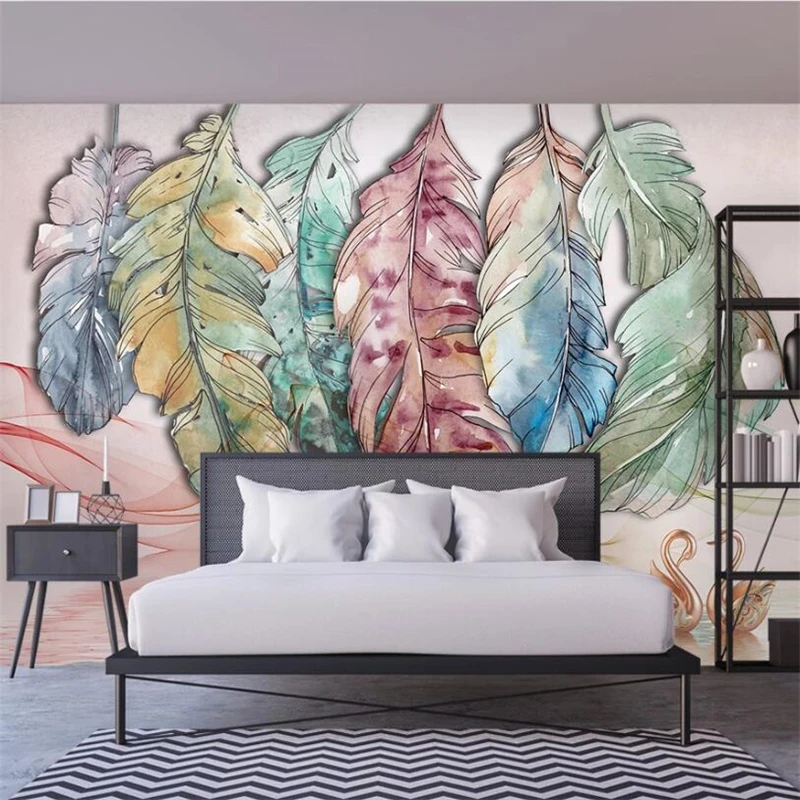 wellyu Customized large mural Nordic minimalistic abstract watercolor feather line swan art background wall wallpaper