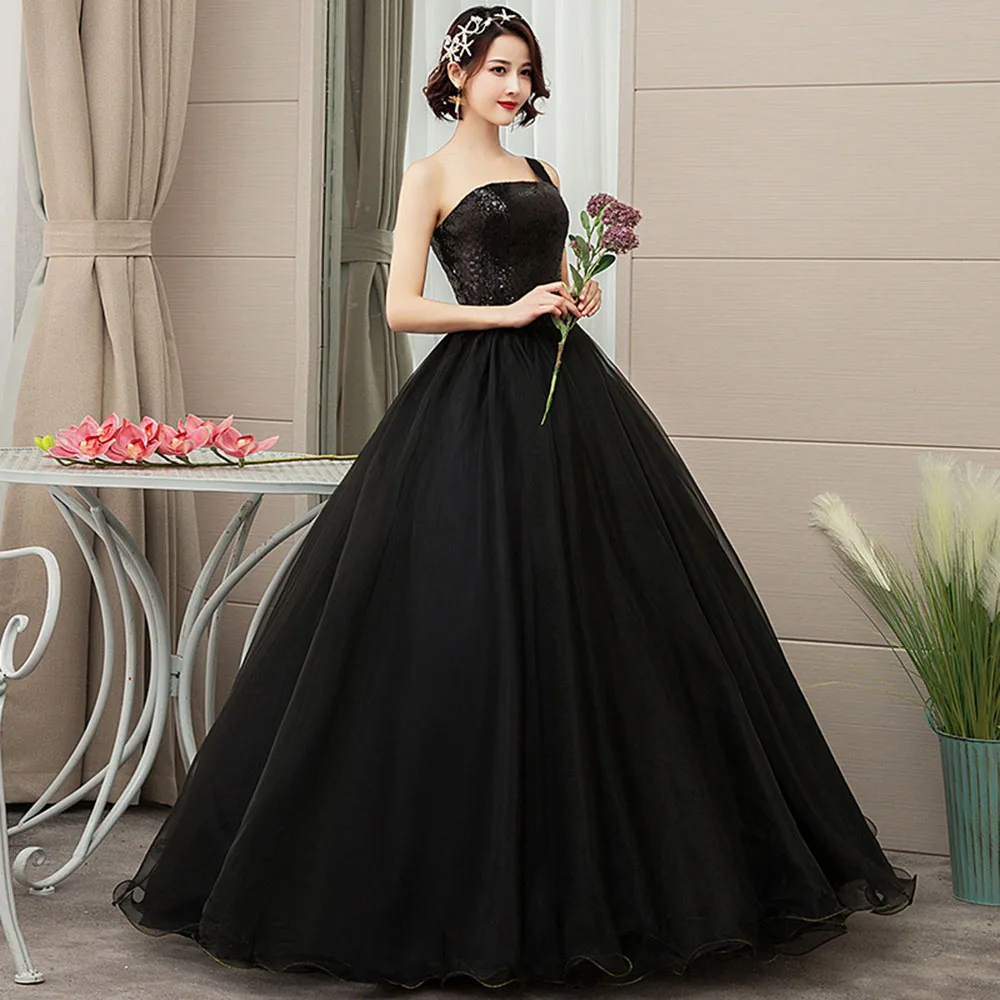 Elegante quinceanera vestidos preto um ombro tule vestido de baile baile baile quinceanera vestidos