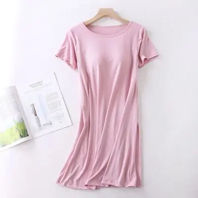 Short Sleeve Night Dress Women Summer Nightgown Chest Pads Large Size Cotton Nightshirt Comfortable Modal Dress Female Sleepwear