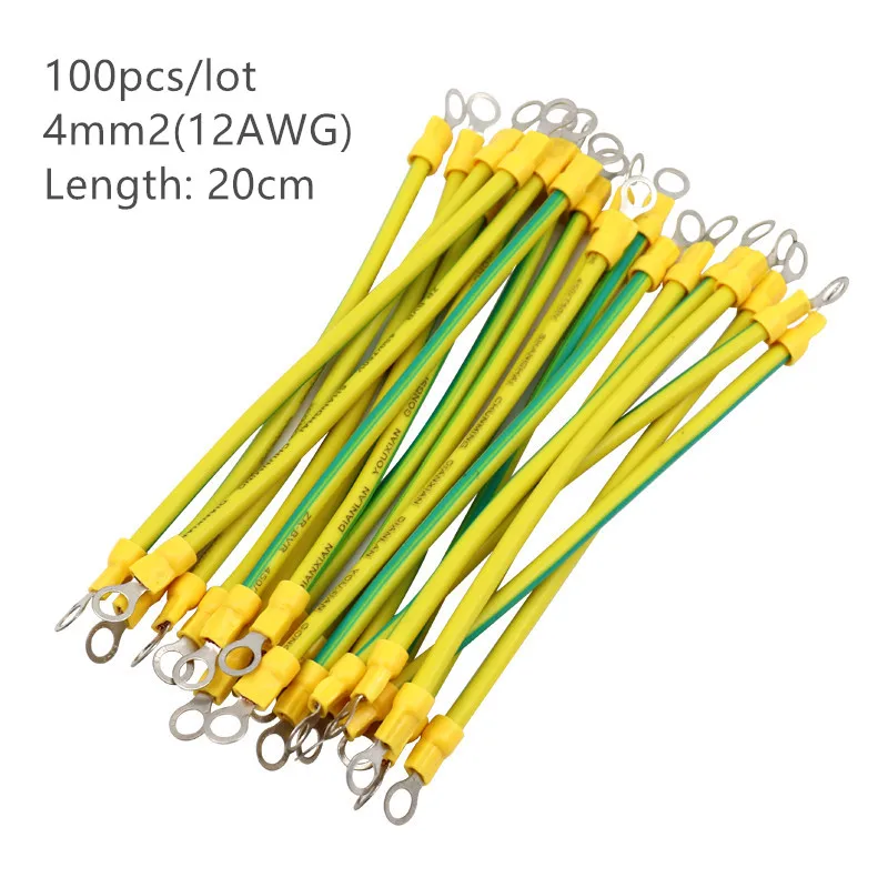 

100pcs 20cm Length 12 AWG 4mm2 BVR Yellow-Green Solar Grounding Wire with Terminals Copper PV Cabinet Bridge Leakage Earth Cable