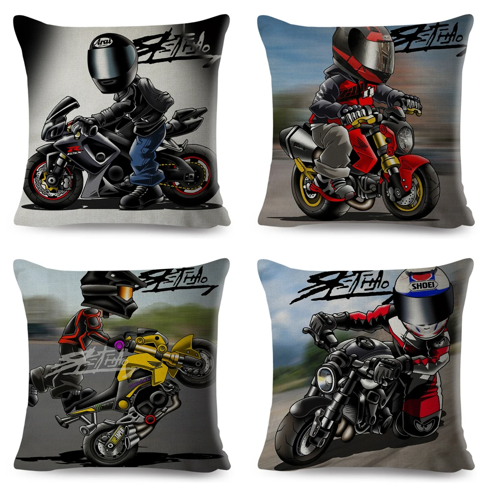 Cartoon Motorcycle Cushion Cover for Sofa Home Car Decorative Colorful Extreme Sport Mobile Bike Pillowcase Pillow Case 45x45cm