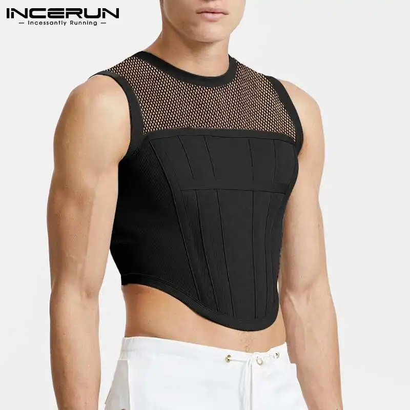 Men Tank Tops Mesh Patchwork O-neck Sleeveless Streetwear Transparent Vests 2024 Party Nightclub Sexy Crop Tops S-5XL INCERUN