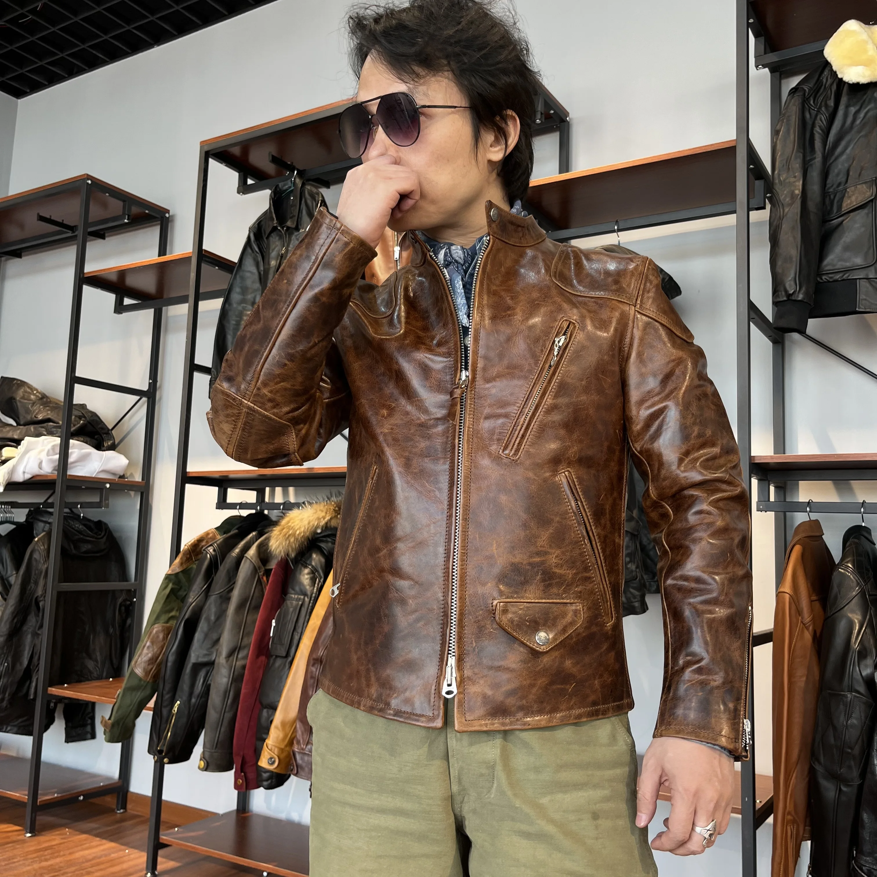 CDJ-16 Asian Size Super Top Quality Heavy Genuine Italian Cow Leather Slim Classic Cowhide Stylish Rider Jacket