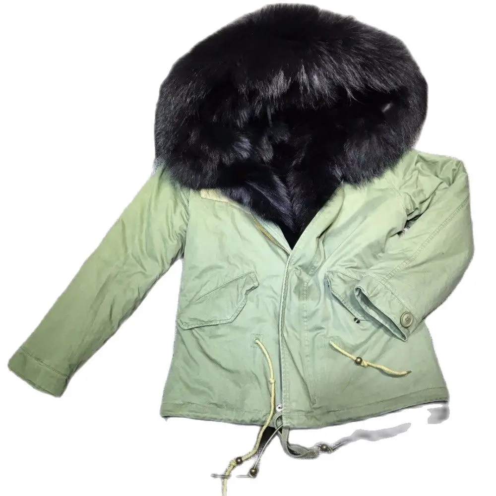 Black Big Furs Front Luxry Big Furs Collar Fox Fur Girls Winter Party Wear Zipper Khaki Short Length Furs Coat