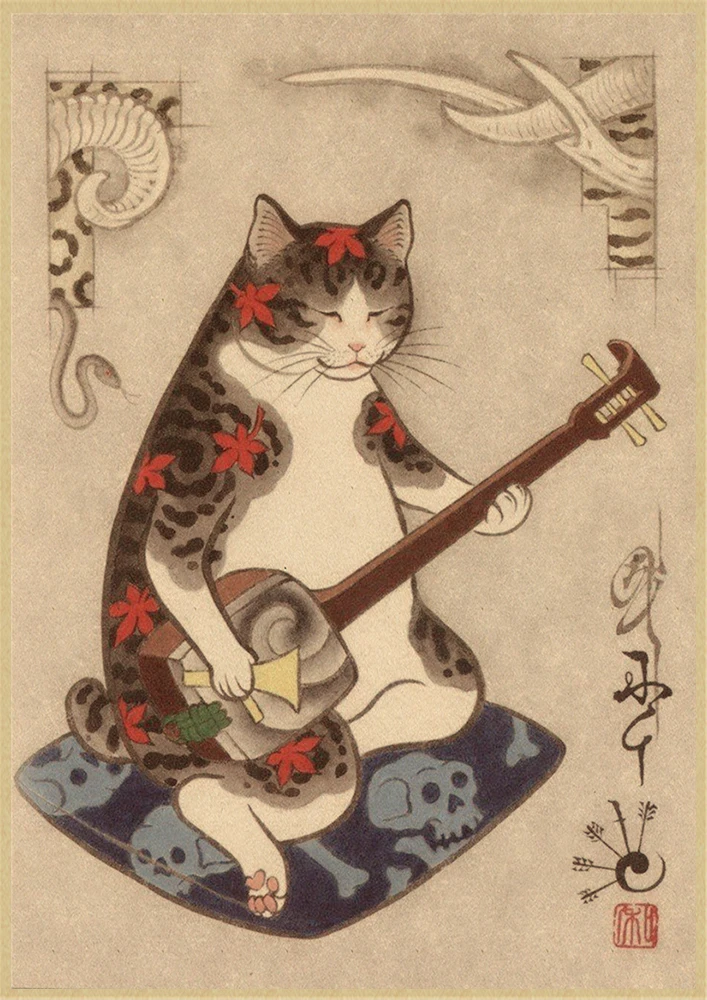 Japonês Samurai Cat Tattoo Cat Poster Vintage, Wall Art Sticker, Pintura, Decoração da sala, Quarto Imprimir Imagem