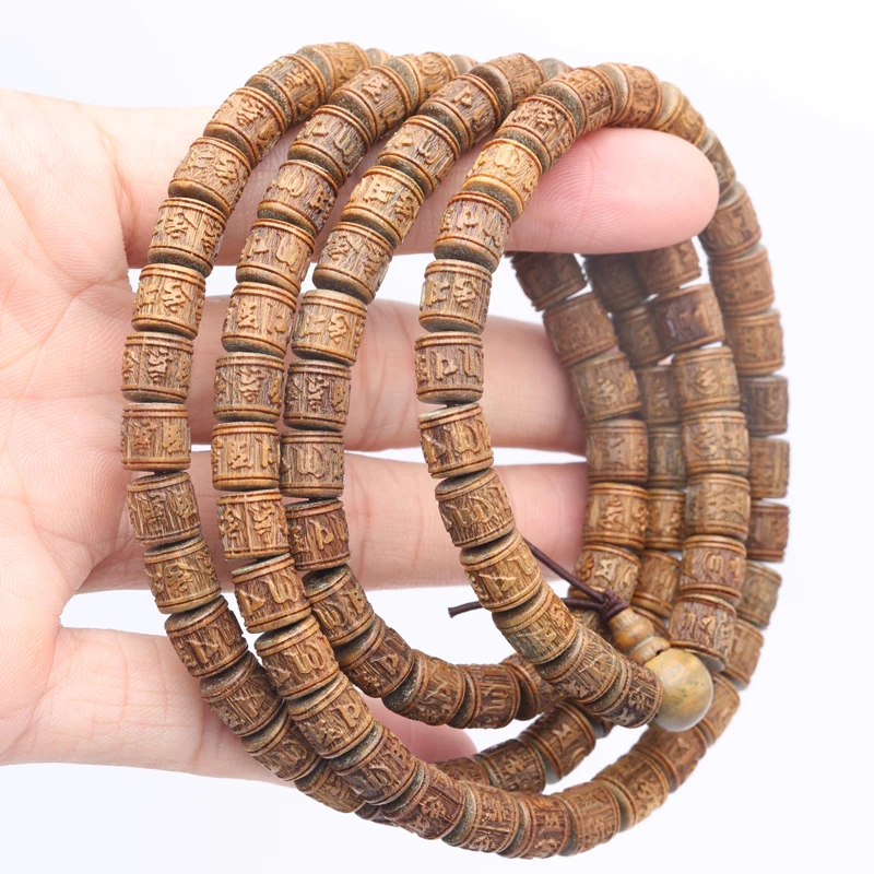 Sandalwood Tibetan Buddhist Prayer Wheel Type Bracelet 8mmx8mm Tibetan Six-Character Mantra Rosary Wooden Jewelry