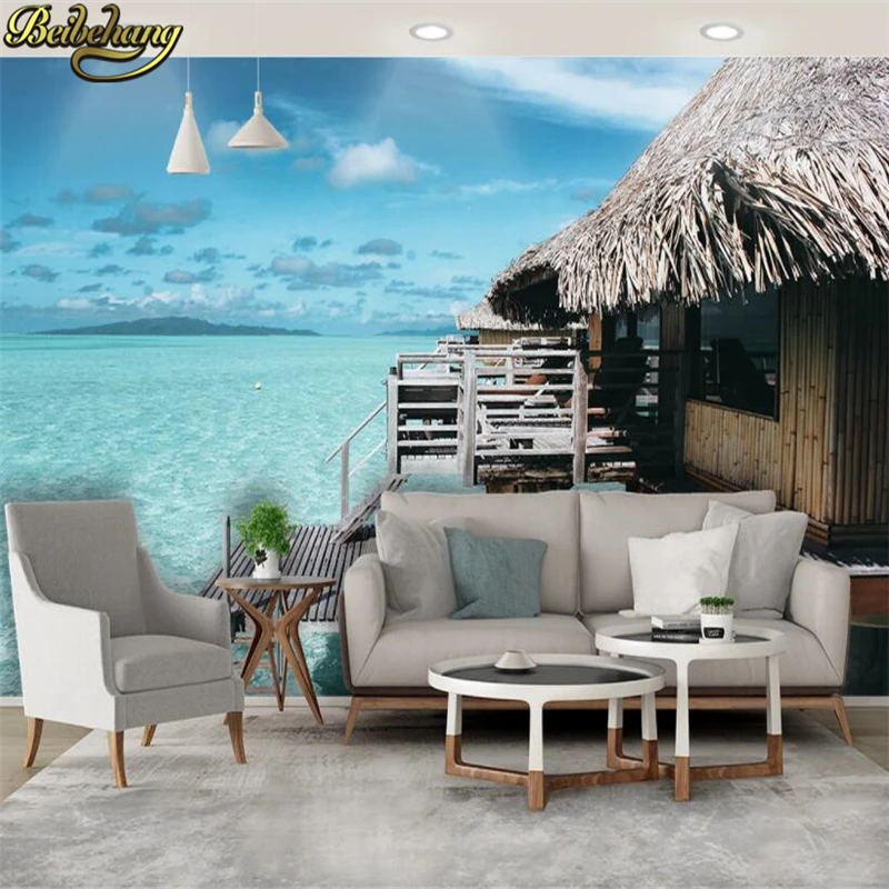 

beibehang Custom Thatched cottage by the sea Maldives wallpaper for living room decoration photo art 3D wall papers home decor