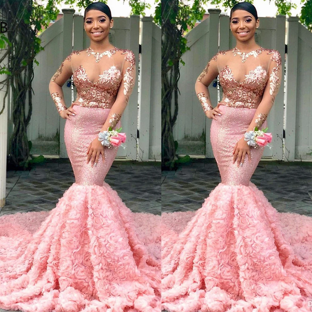 

Sexy Pink Prom Dresses Mermaid African Evening Gowns Sheer Long Sleeve Modest Formal Party Special Occasion Wedding Dress