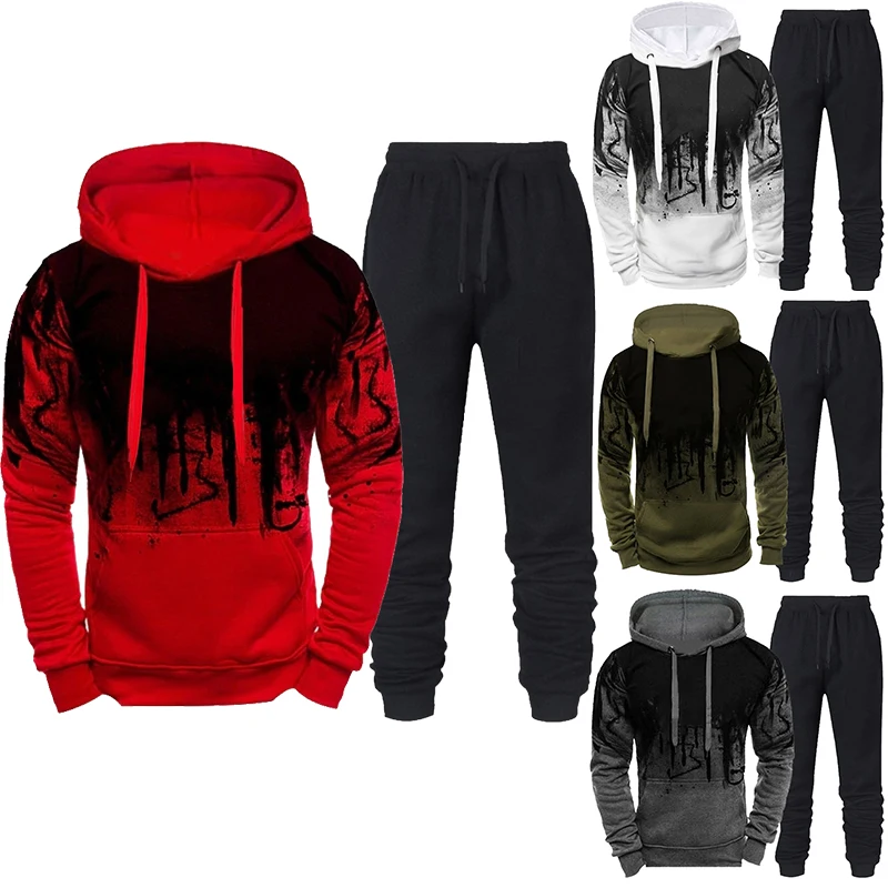 Mens Fashion Printed Camouflage Pullover Hoodie and Sweatpant Tracksuit Jogging Suits