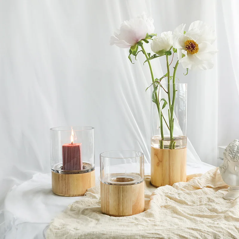 Nordic Modern Minimalist Wooden Base Transparent Glass Vase Living Room Simulation Flower Dried Flower Decoration Ornaments