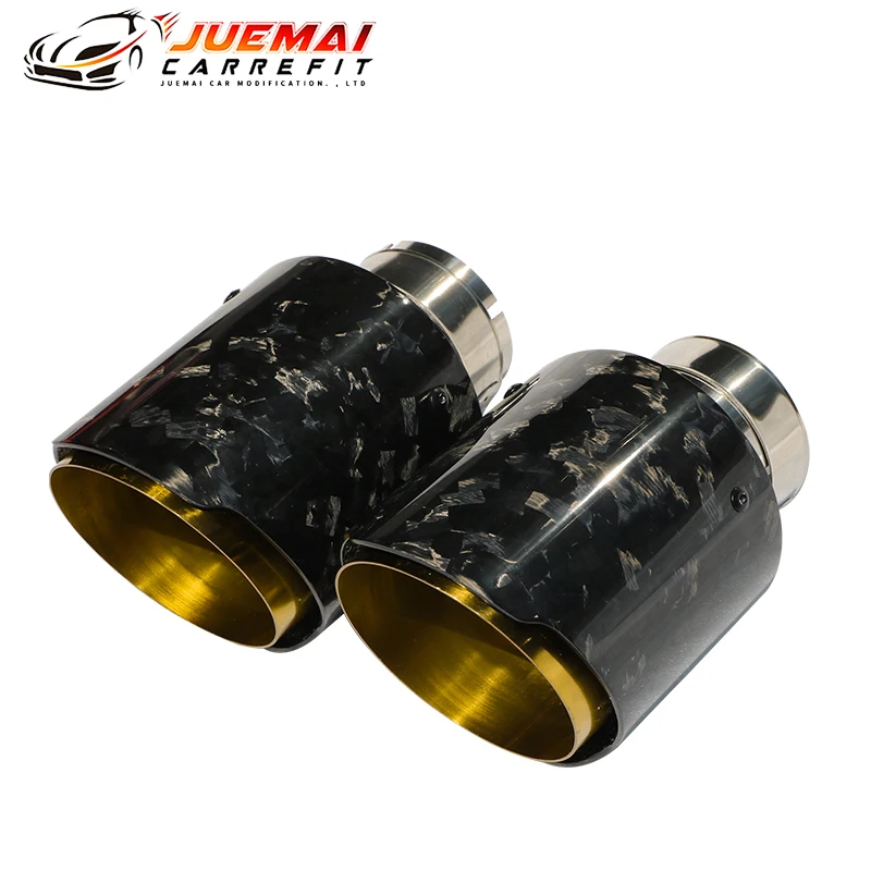 JUEMAI Car Exhaust Pipe Modification Tail Nozzle Gold Forged Pattern Carbon Fiber Glossy Finish Muffler Silencer Stainless Steel