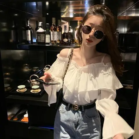 Blouse Women White off-Shoulder Sling Shirt Women\'s Spring Top Blusas Ropa De Mujer