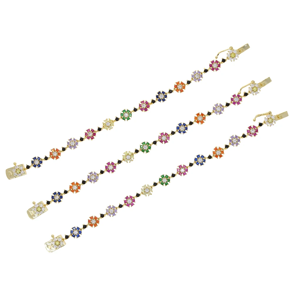 2025 New Arrival Geometric Rainbow Cz Colorful Flower Charm Link Chain Bracelet For Girls Classic Fashion Bling Women Jewelry