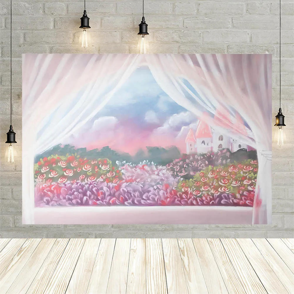 Avezano pintura jardim pano de fundo janela rosa cortina flores castelo céu recém-nascido aniversário retrato fotografia fundo decoração