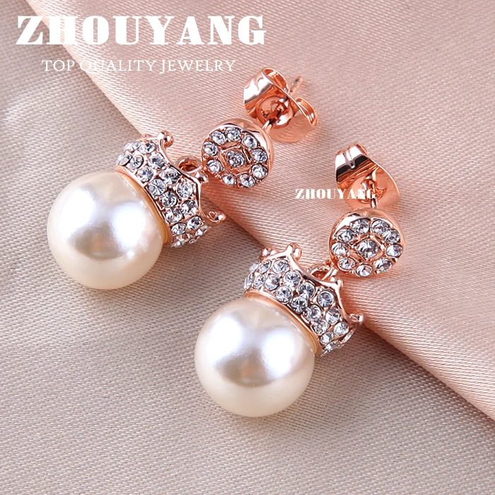 ZHOUYANG Imitation Pearl Earrings For Women Rose Gold Color Crown Ear Studs Jewelry Austrian Crystal Kpop Accessories Gift E163