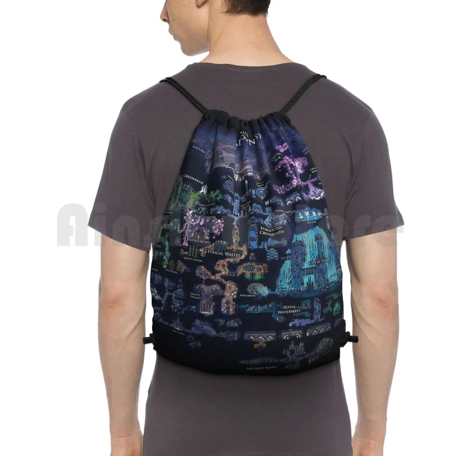 Hallownest Map Backpack Drawstring Bag Riding Climbing Gym Bag Hollow Knight Hornet Indie Game Indie Gaming Gamer Maps