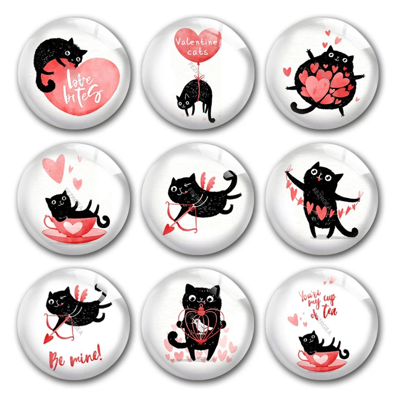 Handmade Valentine's Day Cat Be Mine Love Bites Round Photo Glass Cabochons Demo Flat Back DIY Jewelry Making Findings Accessory