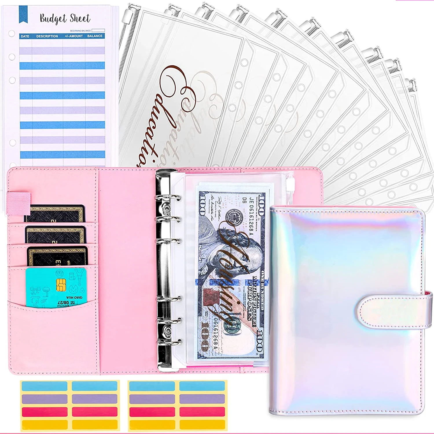 A6 PU Leather Binder Budget Planner Cash Envelopes Wallet with 12 Binder Pockets,12 Budget Sheets and Stickers,for Saving Money