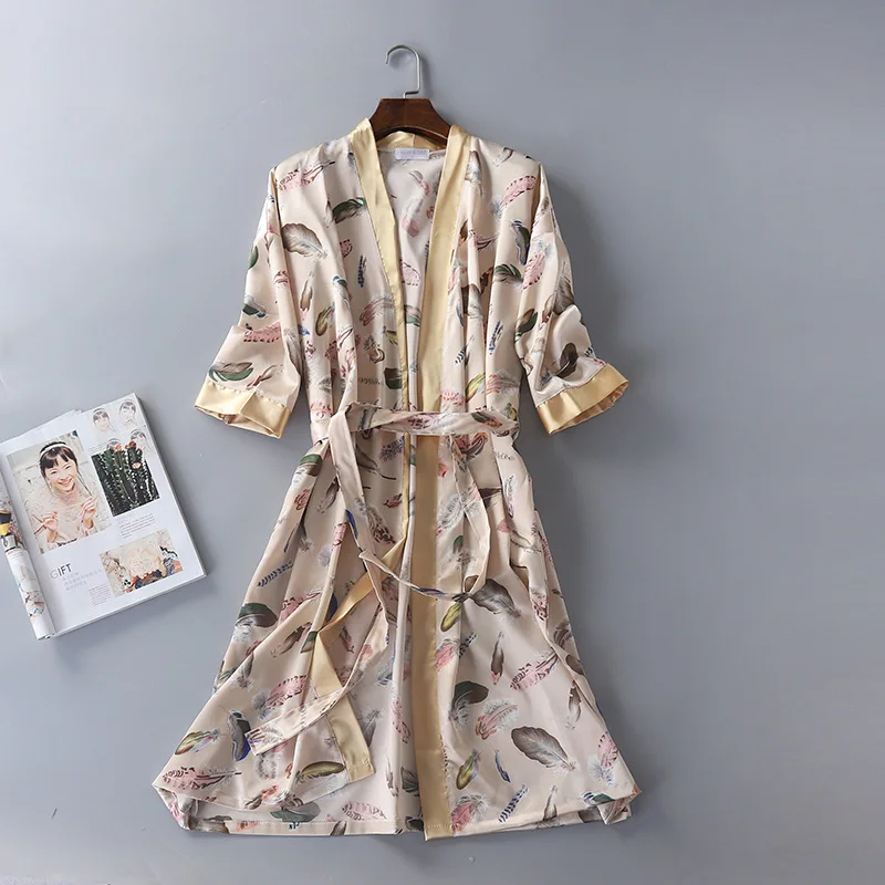 Spring Men and Women Bathrobe Three Quarter Silk Robe Home Clothing Satin Print Kimono Robes Long Sleep Wear Dressing Gown