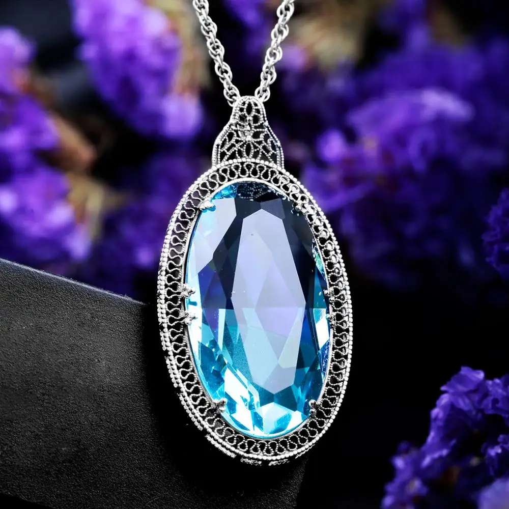 925 Sterling Silver Pendants For Women Vintage Oval Aquamarine Gemstone Pendant Necklace Gothic Style Fine Jewelry Wholesale New