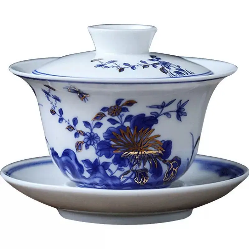 Gongfu Tea Set Ceramic San Cai Gai Wan China Handmade Tea Cups Gaiwan Tureen Hand-painted Tea Bowls