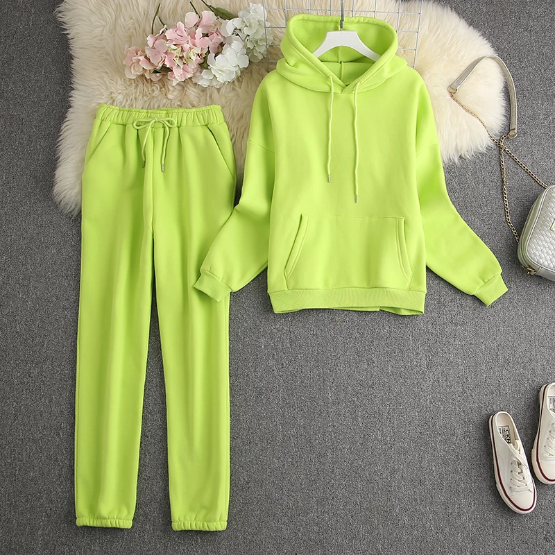 ALPHALMODA-Hooded Sweatshirt and Pants Set, Trendy Thick Tracksuits, Warm Fleece Trousers, Candy Color, Winter, New, 2Pcs