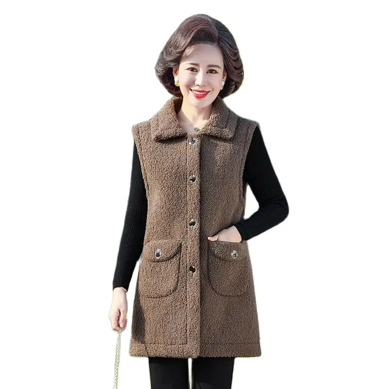 5XLWomen Lambswool Waistcoat Mid-Length Coat Spring Autumn New Vest Grain Velvet Vest Mom Solid Vintage Female Waistcoat Top New