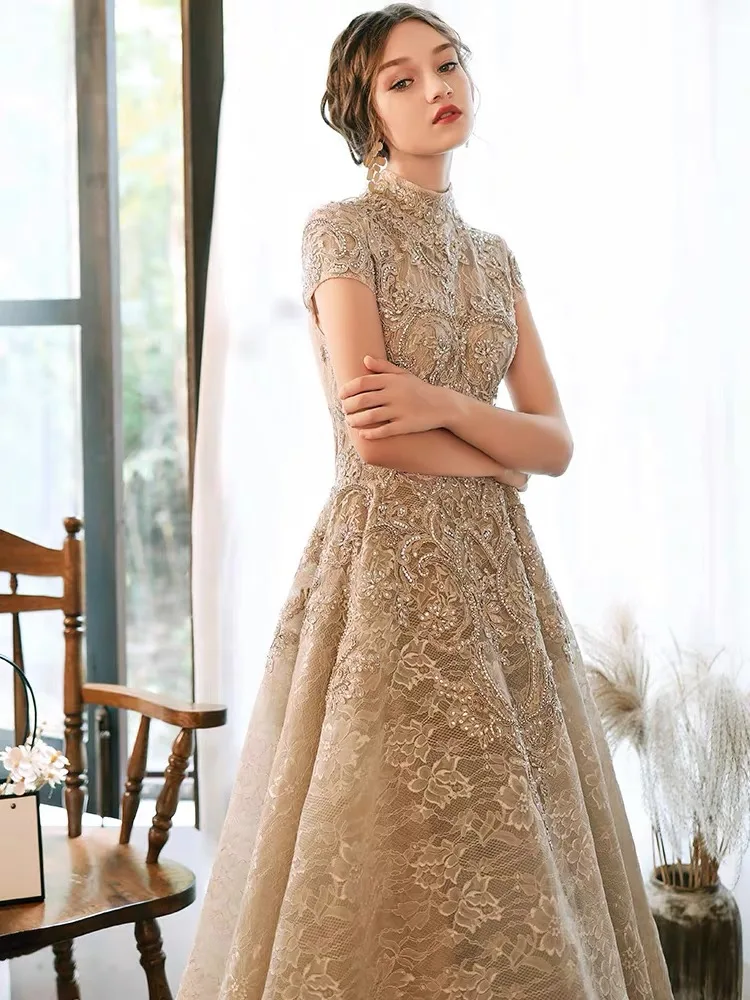 Luxury Evening Dresses Short Sleeves Lace Beaded Short Front Long Back Formal High Neck A-Line Wedding Celebrity Prom Gowns New