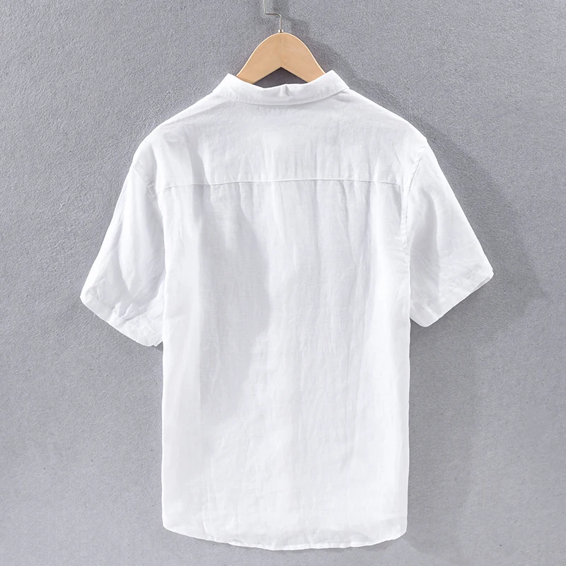 New arrival Designer short sleeve linen shirt men brand fashion men shirts flax turn-down collar sky blue shirt mens chemise