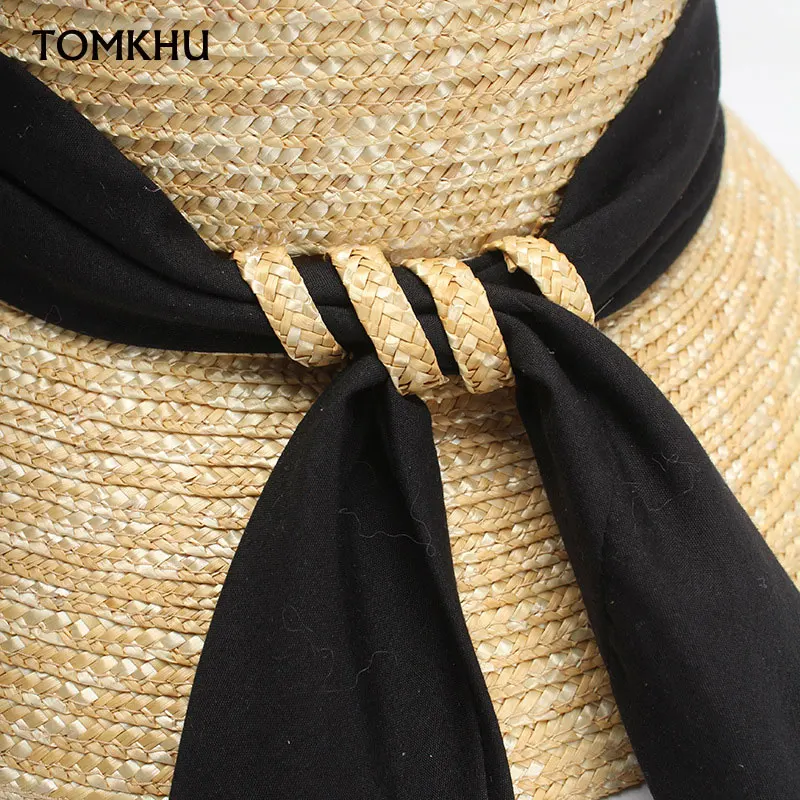 New Women UPF50 Sun Hat Wide Brim Cloche Straw Hat Black Ribbon Knot Wide Brim Woven Bucket Hat Summer Beach Cap Derby Visors