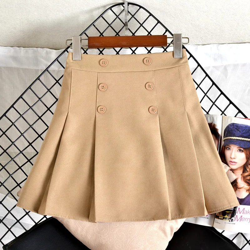 

Women's Autumn Winter Solid Color Pleated Button Decoration Short Skirts Girls High Waist A Line Preppy Style Mini Skirt DS322