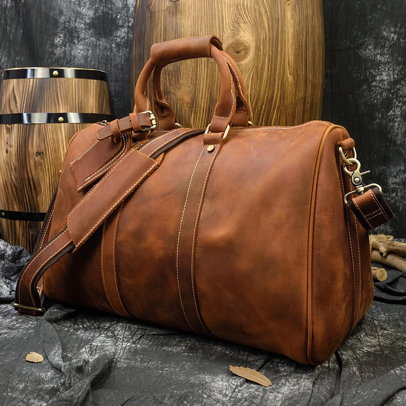 Sac de voyage en cuir véritable pour hommes, sac de voyage Durable en cuir de cheval fou, grande capacité, grand sac à bandoulière pour le week-end