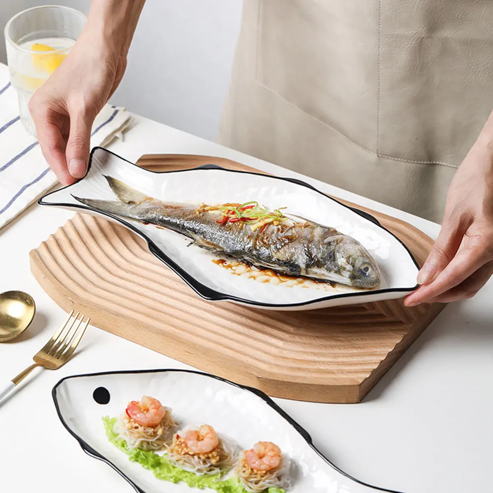 Simple Ceramic Fish Plate Steamed Fish Plate Creative Fish-Shape Steaming Holder Fish Steaming Dish Exquisite Dinner Plate