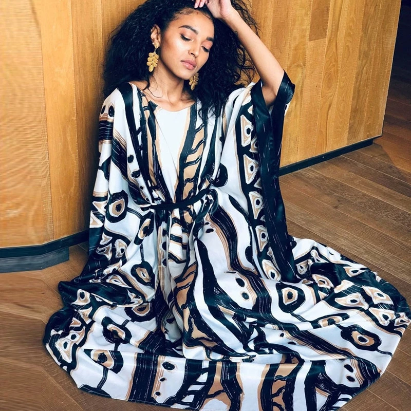 

Graffiti Print Women Summer Long Dress With Belt Loose Fit Black Elegant Maxi Kaftan Evening Party Gown Loungewear Ethnic Tunic