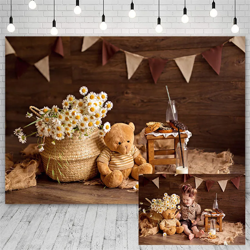 

Avezano Baby Shower Backdrops Daisy Toy Bear Wooden Board Backgrounds Photography Studio Photozone Photophone Photo Props Decor