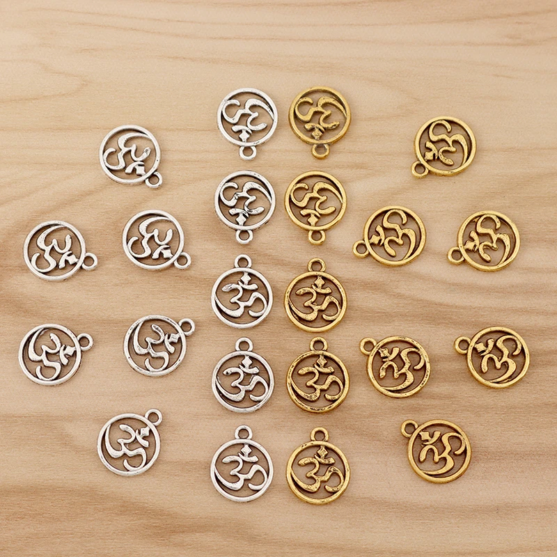 

50 Pieces Tibetan Silver/ Gold Color OM AUM Charms Pendants Beads Double Sided for Jewellery Making Findings 12x12mm