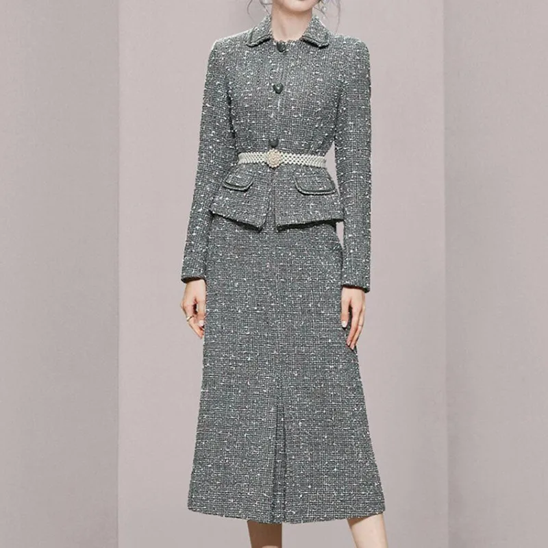 

New Autumn Winter Fashion Temperament Lapel Tweed Jacket + High Waist Fishtail Skirt Retro Small Fragrance Two Piece Set s1914