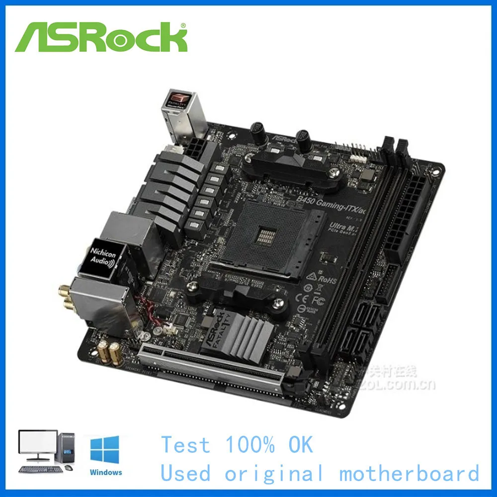 Used MINI For ASRock B450 GAMING-ITX/AC GAMING-ITX Computer USB3.0 M.2 Nvme SSD Motherboard AM4 DDR4 64G B450 Desktop Mainboard