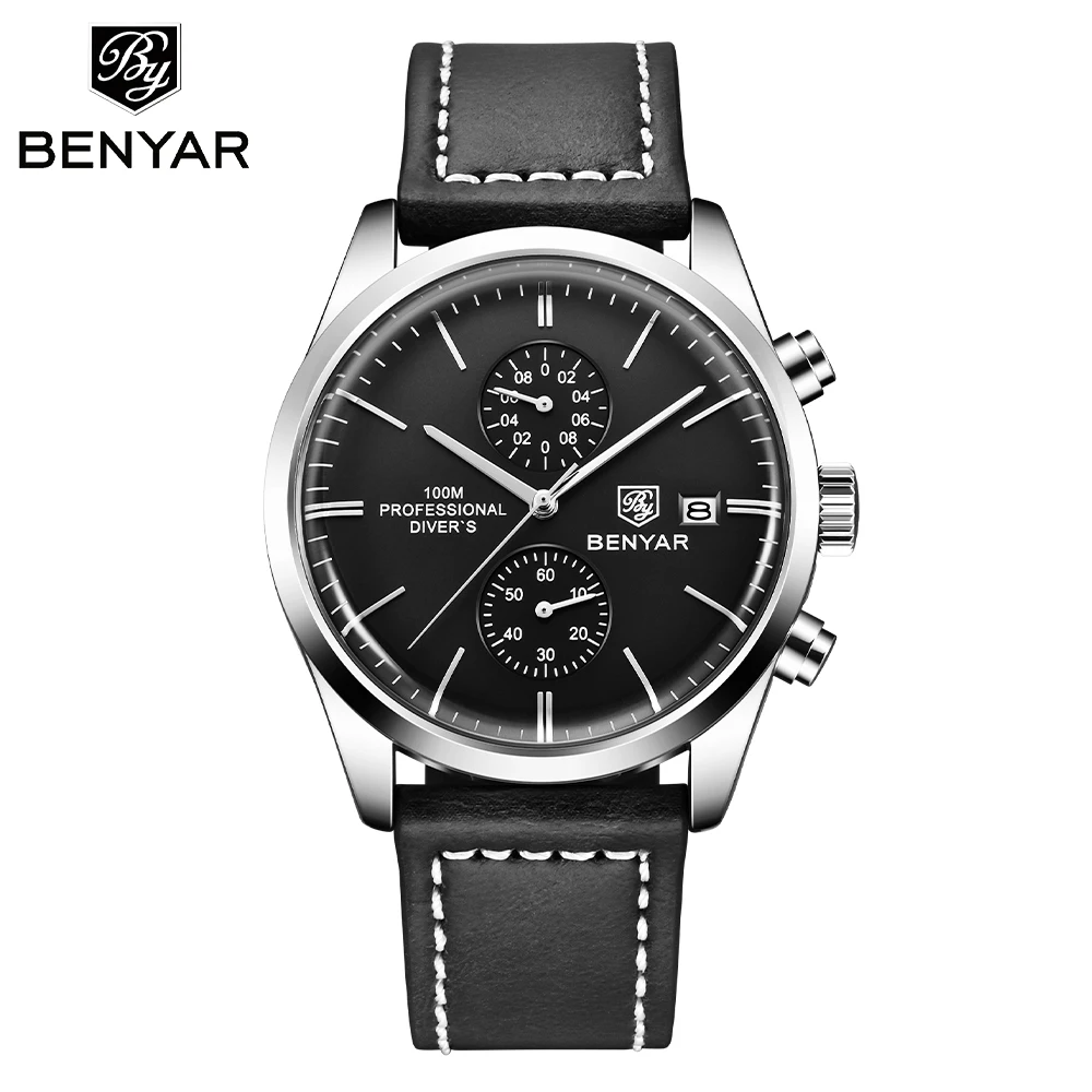 Men Watch Benyar 2021 New Sports Quartz Watch Luxury Fashion Chronograph 100M Waterproof Leather Military Clock Relojes Hombre