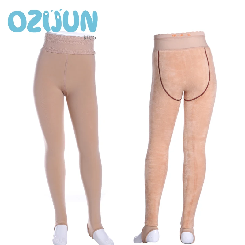 2024 Children Girl\'s Winter Bare Leg Leggings Fleece Lined Thermal Thick Warm Footless Tights Stirrup Natural Skin Color 4-16 Y