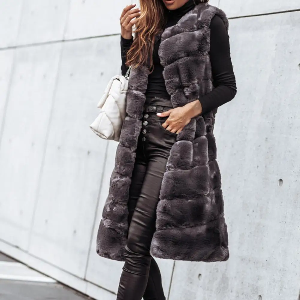 2021 Vrouwen Vest Coat Faux Fur Horizontale Streep Open Stitch Lange Winterjas Mouwloze Effen Ronde Hals Dikke Bovenkleding Dagelijks