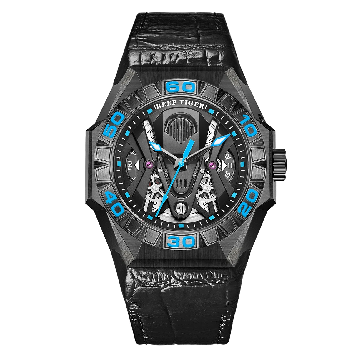 Reef Tiger/RT Limited Watch Men Automatic Mechanical All Black Blue Skeleton Waterproof  Leather Strap Relogio Masculino RGA6912