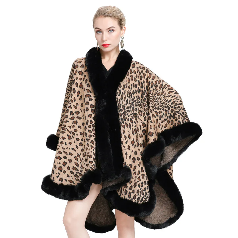 

New Fashion Plus Size Poncho Women Faux Fur Collar Cape Big Pendulum Outside Shawl Wear Winter Leopard Cloak Warm Thick Coat