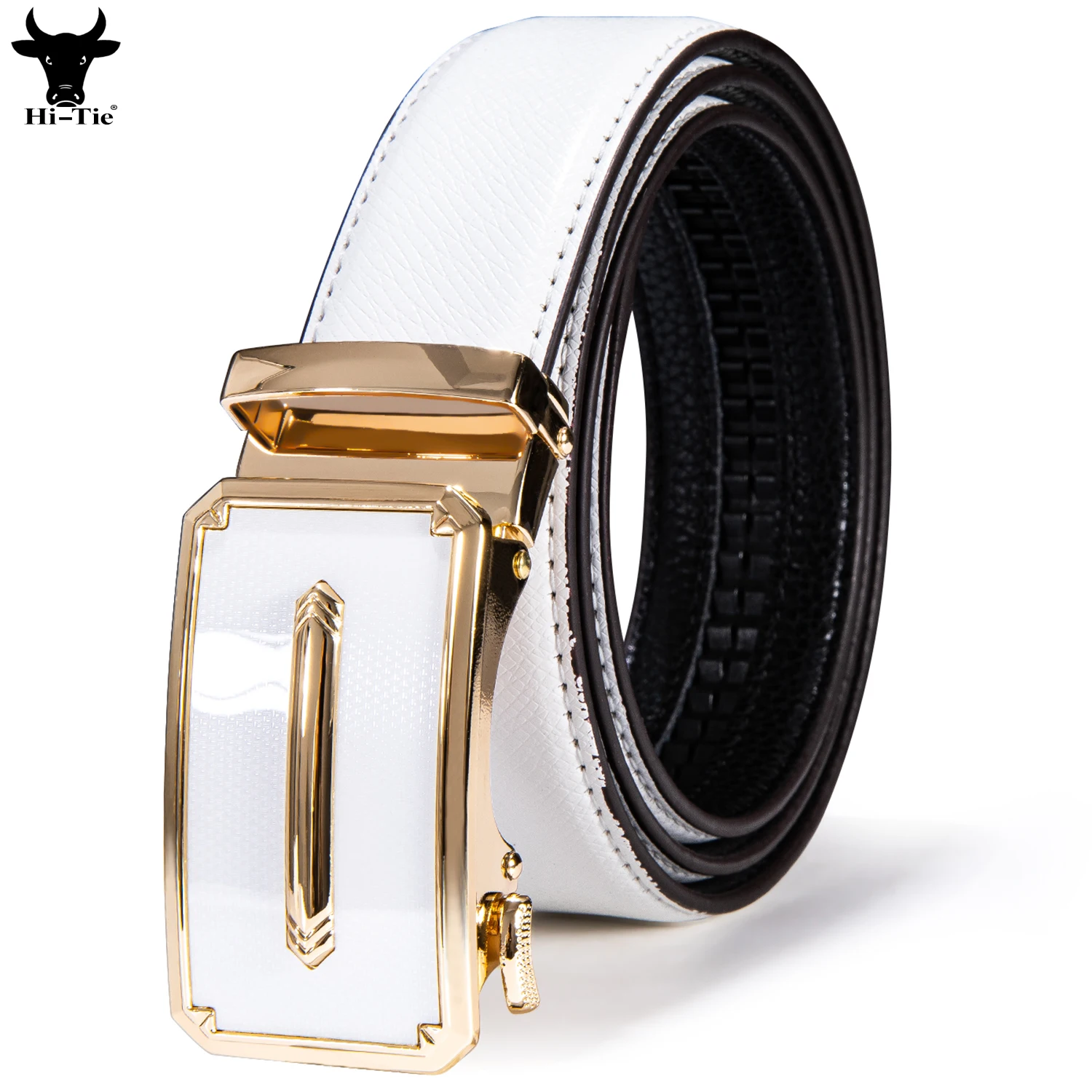 Hi-Tie Designer Gold Automatic Buckles Mens Belts White Genuine Leather Ratchet Waistband Belt for Men Dress Jeans Wedding Gift