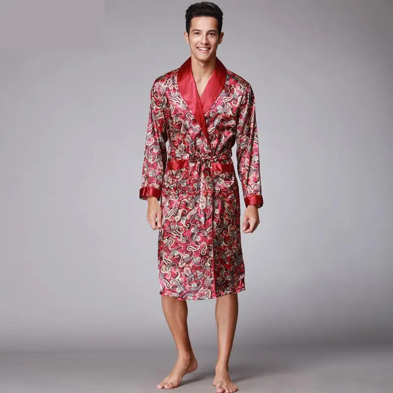 

Men Kimono Robes V-neck Faux Silk Bathrobes Nightgown for Male Senior Satin Sleepwear Summer Paisley Pattern Pajamas Set