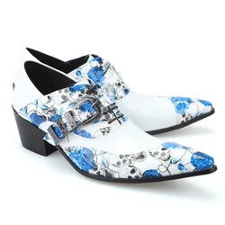 Spring and Autumn White Lace Belt buckle Decorate Tip High heels Cowhide Men's shoes Business Casual leather shoes Wedding shoes